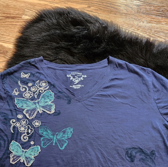 Navy Blue Top with Teal Butterflies Short Sleeve T-Shirt Women's Petite XL - Picture 3 of 10